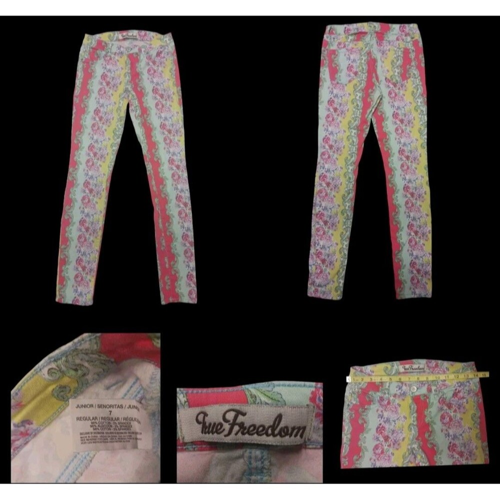 All Over Floral Print True Freedom Jr Women Size 7, 98% Cotton Stretch Mid Rise